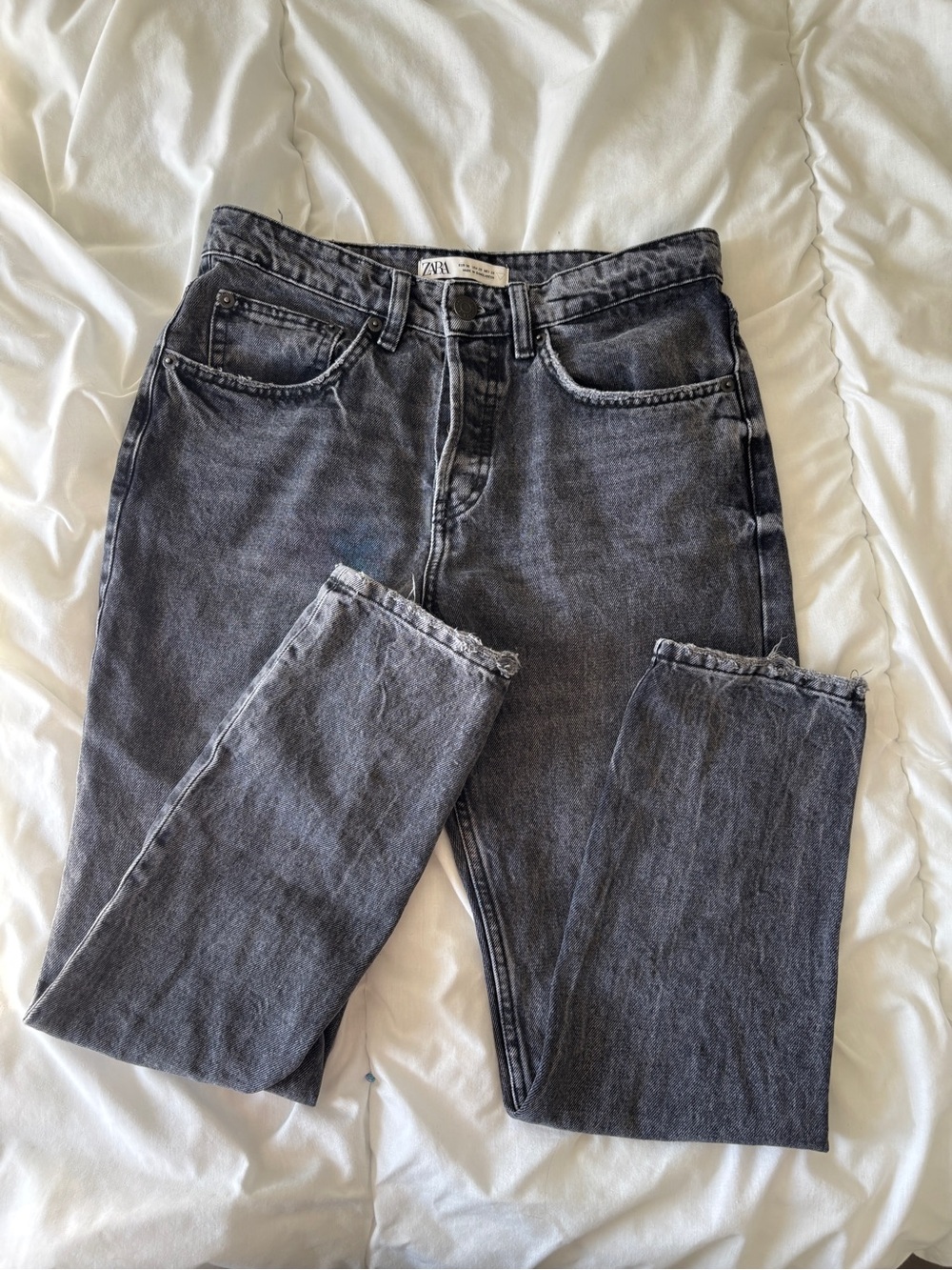 Zara High-Rise Washed Black/Grey Straight Jeans